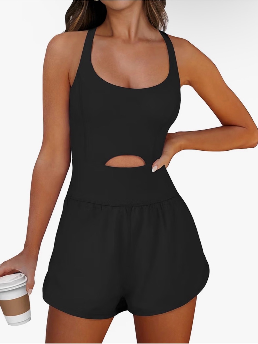 Black Scoop Neck Cutout Romper - Women's Workout